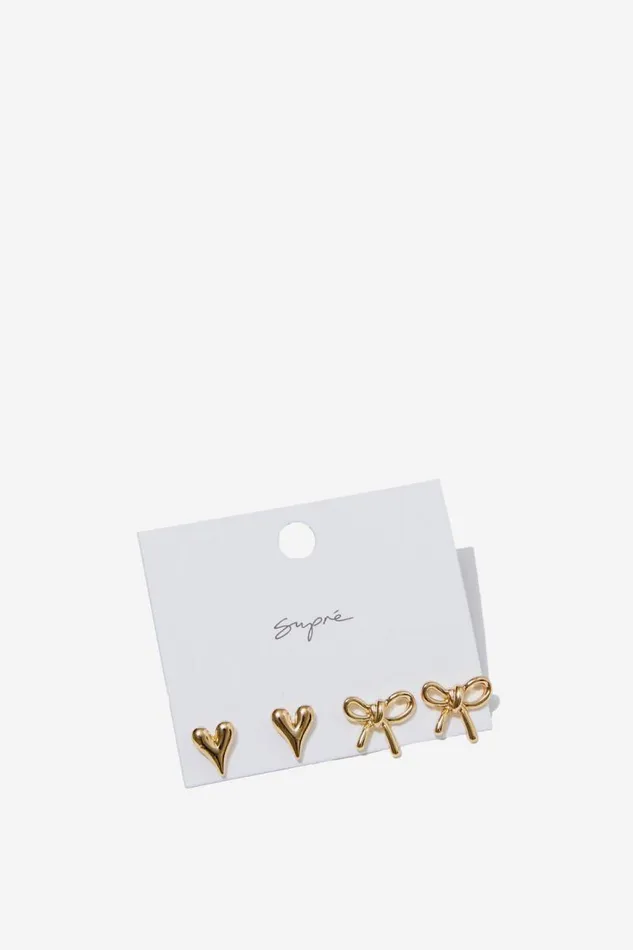 Accessories Supr Accessories Bow and Heart Earring Pack Gold