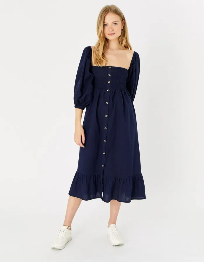Accessorize Bardot Maxi Dress In Linen Blend Blue Navy Women Dresses