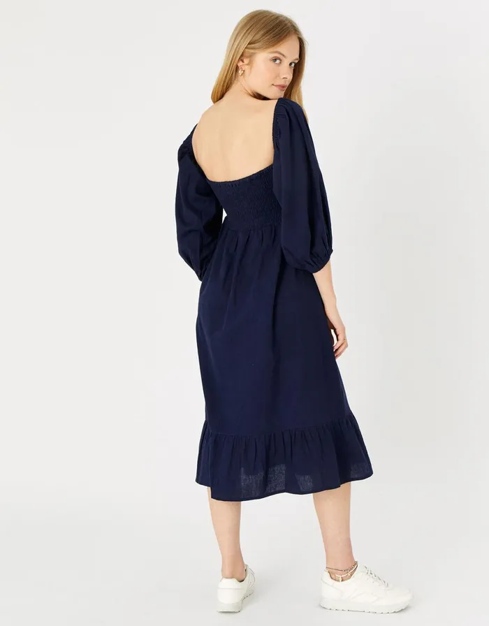 Accessorize Bardot Maxi Dress In Linen Blend Blue Navy Women Dresses