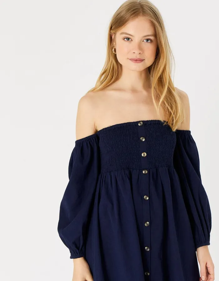 Accessorize Bardot Maxi Dress In Linen Blend Blue Navy Women Dresses