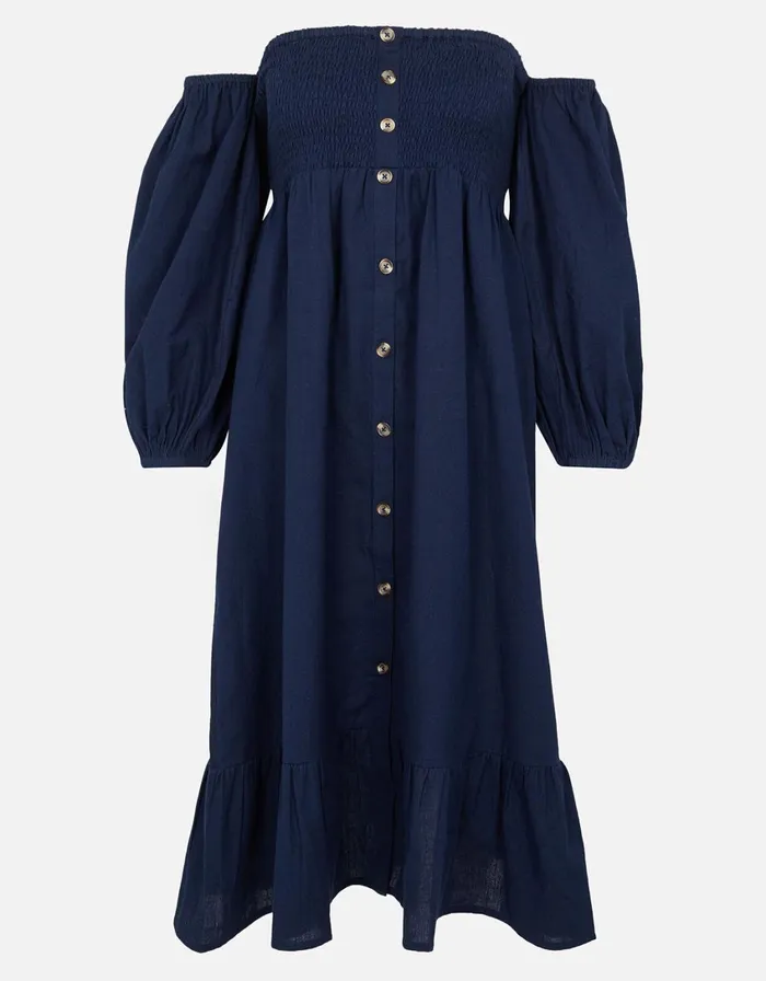 Accessorize Bardot Maxi Dress In Linen Blend Blue Navy Women Dresses