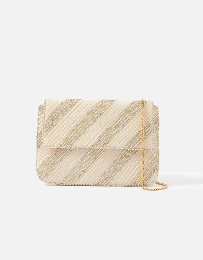Accessorize Beaded Stripe Clutch Bag Cream Cream Women Clutch Bags