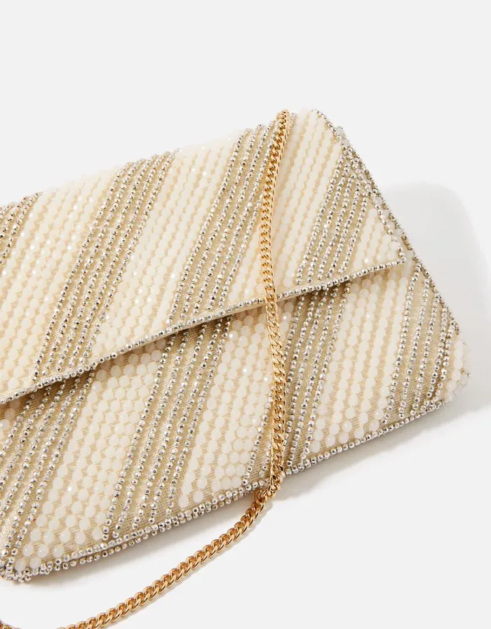 Accessorize Beaded Stripe Clutch Bag Cream Cream Women Clutch Bags
