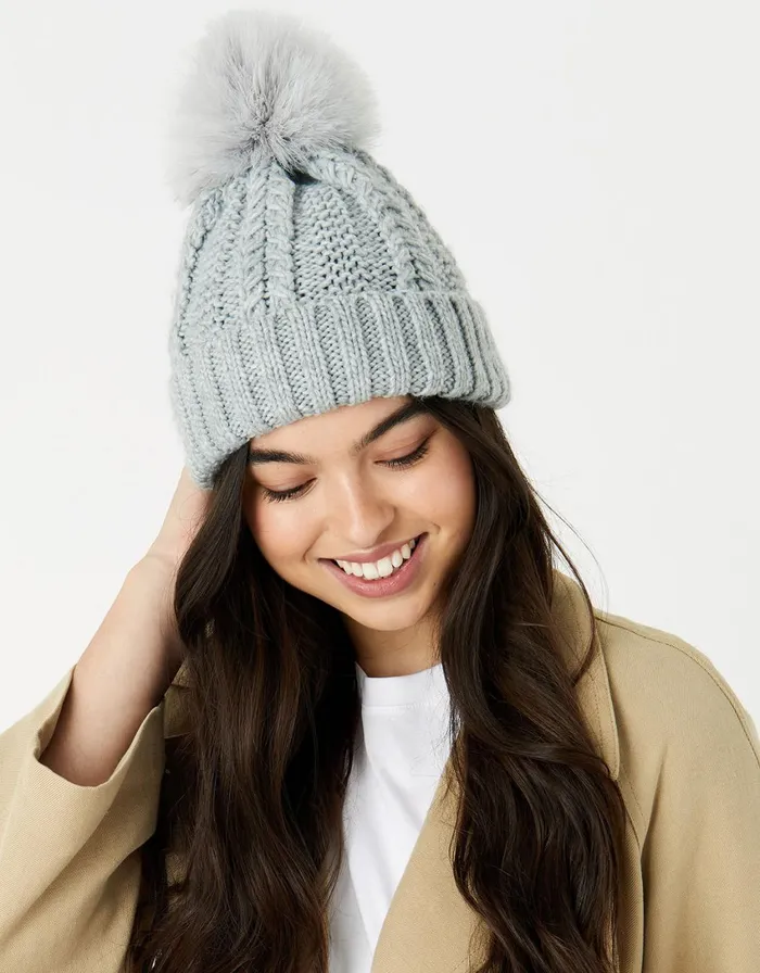 Accessorize Chunky Knit PomPom Beanie Grey Women Hats