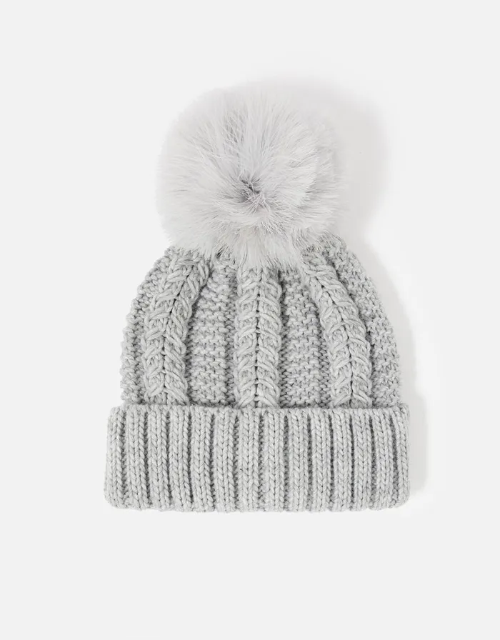 Accessorize Chunky Knit PomPom Beanie Grey Women Hats