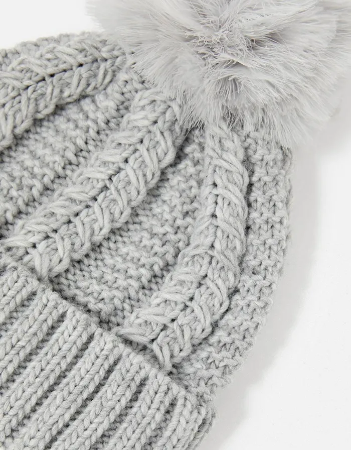 Accessorize Chunky Knit PomPom Beanie Grey Women Hats