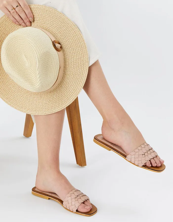 Accessorize Double Plaited Leather Sliders Pink Pale Pink Women Sandals and Flip Flops