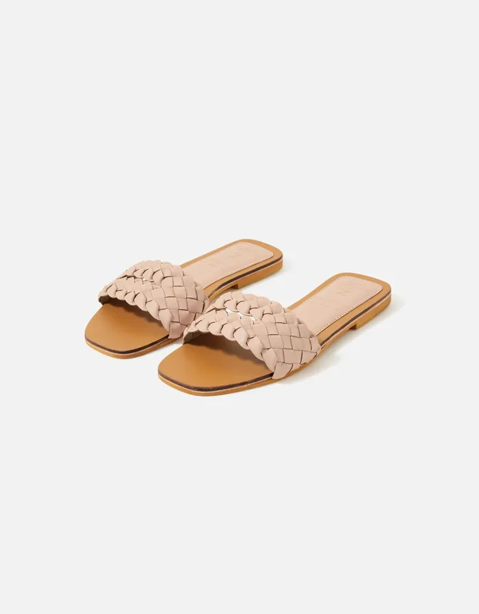 Accessorize Double Plaited Leather Sliders Pink Pale Pink Women Sandals and Flip Flops