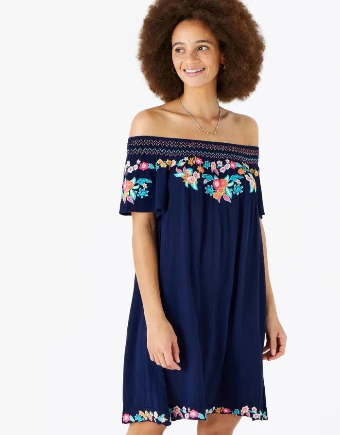 Accessorize Embroidered Bardot Dress Blue Navy Women Dresses