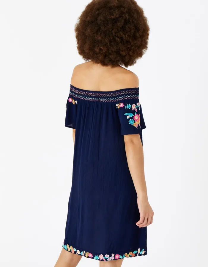 Accessorize Embroidered Bardot Dress Blue Navy Women Dresses