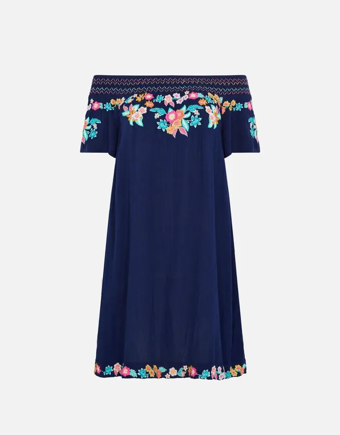 Accessorize Embroidered Bardot Dress Blue Navy Women Dresses