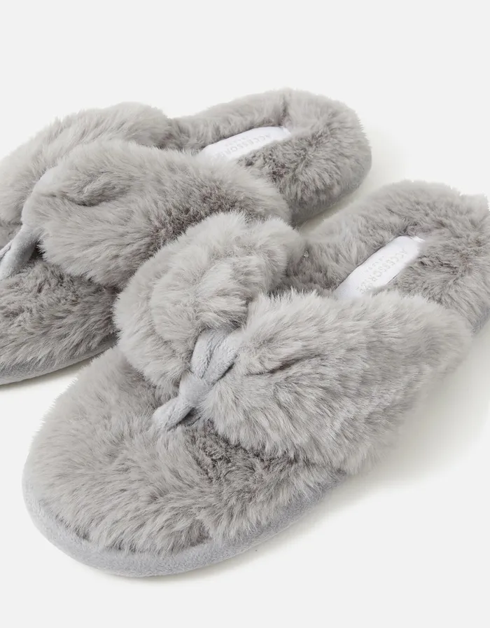 Accessorize Faux Fur Toe Thong Slippers Grey Grey Women Slippers