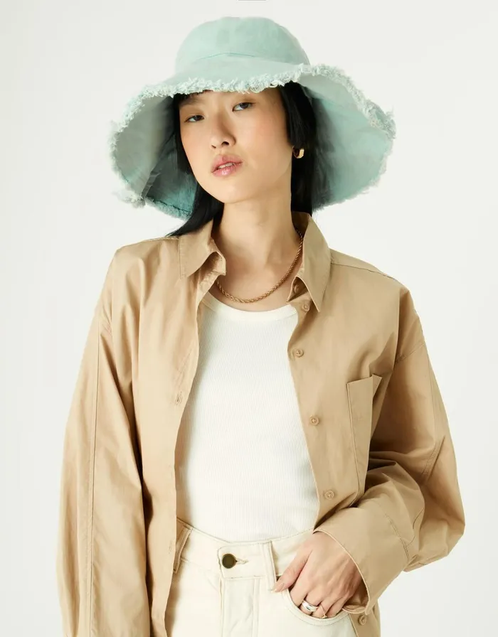 Accessorize Frayed Edge Wide Brim Bucket Hat Blue Aqua Women Hats