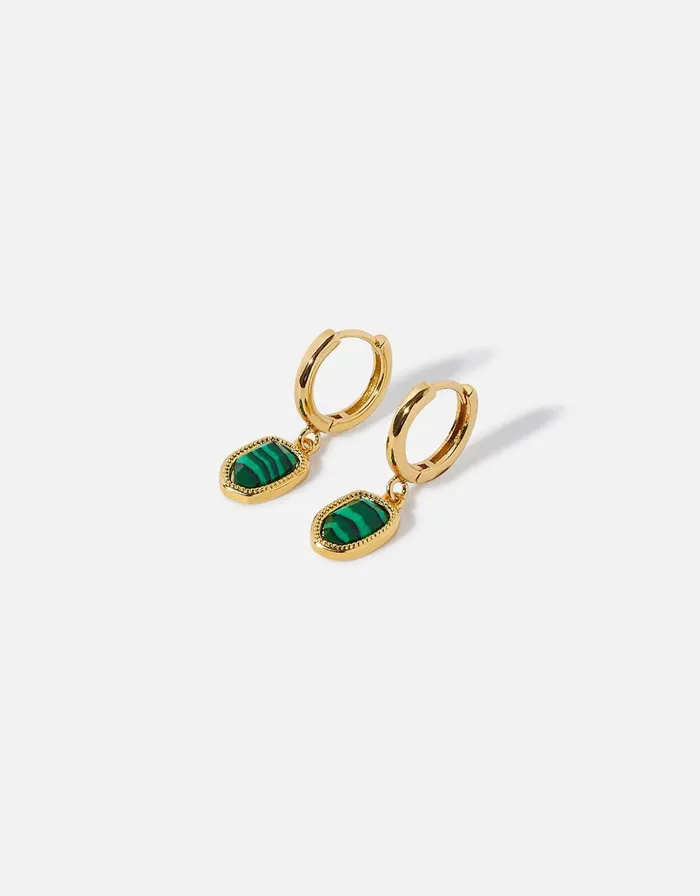 Accessorize GoldPlated Irregular Healing Stone Malachite Huggie Hoops Women Earrings