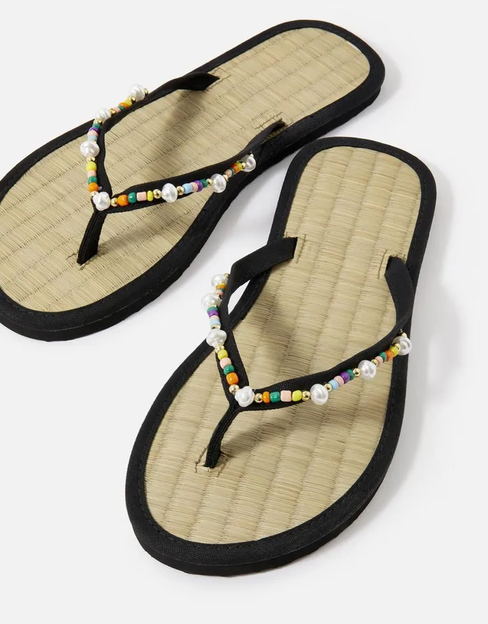 Accessorize Multi Beaded Seagrass Sandals Black Black Women Sandals and Flip Flops