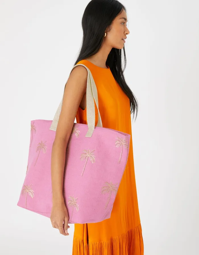 Accessorize Paradise Palm Embroidered Tote Bag Pink Pink Women Beach Bags