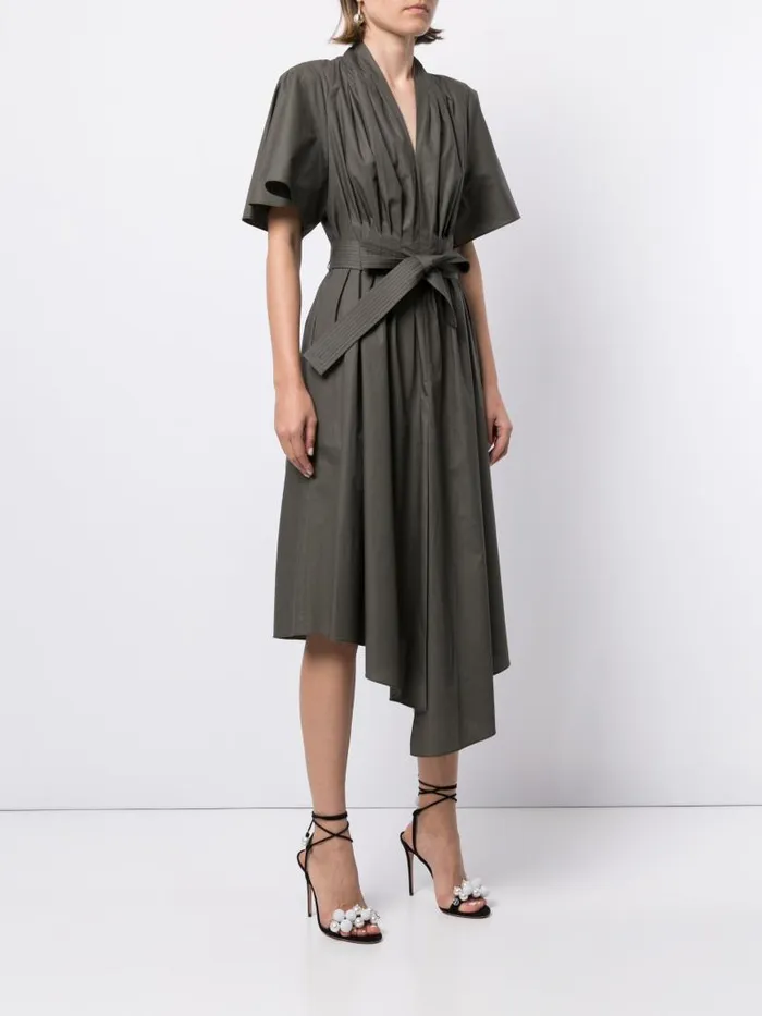 Adam Lippes Dresses and Jumpsuits Short Sleeve Asymmetrical Dress In Cotton Poplin Army Green 8211 Women