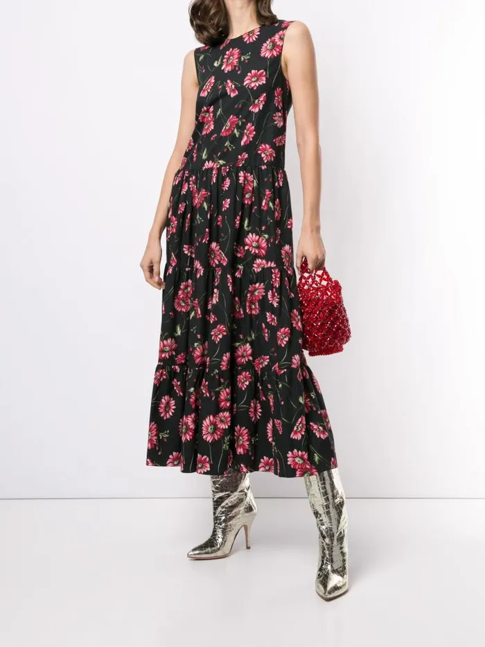 Adam Lippes Dresses and Jumpsuits Sleeveless Tiered Maxi Dress In Printed Poplin Black Daisy 8211 Women