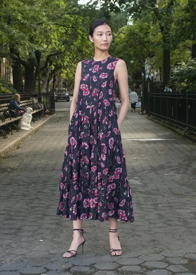 Adam Lippes Dresses and Jumpsuits Sleeveless Tiered Maxi Dress In Printed Poplin Black Daisy 8211 Women