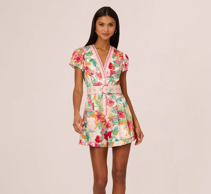 Adrianna Papell Day Dresses Bright Floral Print Button Up Romper With Belted Waist In PinkGreen Multi 8211 Women Adrianna Papell Day Dresses Bright Floral Print Button Up Romper With Belted Waist In PinkGreen Multi 8211 Women