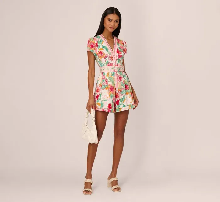 Adrianna Papell Day Dresses Bright Floral Print Button Up Romper With Belted Waist In PinkGreen Multi 8211 Women