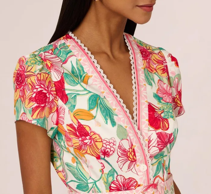 Adrianna Papell Day Dresses Bright Floral Print Button Up Romper With Belted Waist In PinkGreen Multi 8211 Women