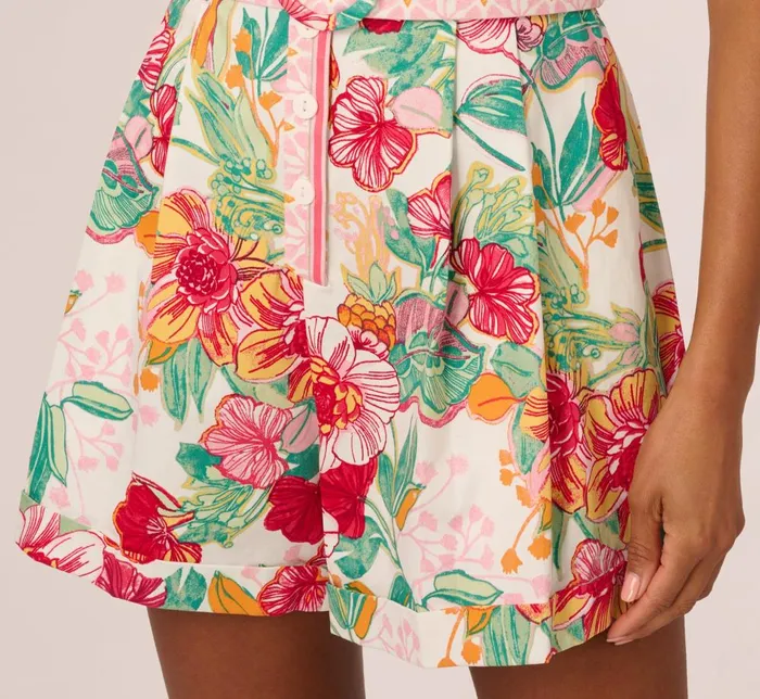 Adrianna Papell Day Dresses Bright Floral Print Button Up Romper With Belted Waist In PinkGreen Multi 8211 Women