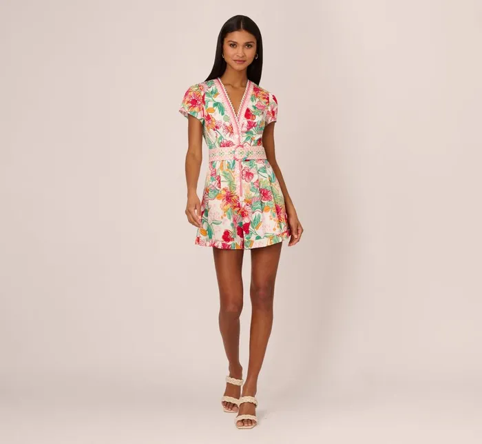 Adrianna Papell Day Dresses Bright Floral Print Button Up Romper With Belted Waist In PinkGreen Multi 8211 Women