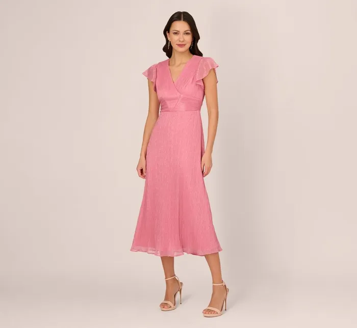 Adrianna Papell Day Dresses Crinkle Mesh Midi Dress With Flutter Sleeves In Faded Rose 8211 Women Adrianna Papell Day Dresses Crinkle Mesh Midi Dress With Flutter Sleeves In Faded Rose 8211 Women