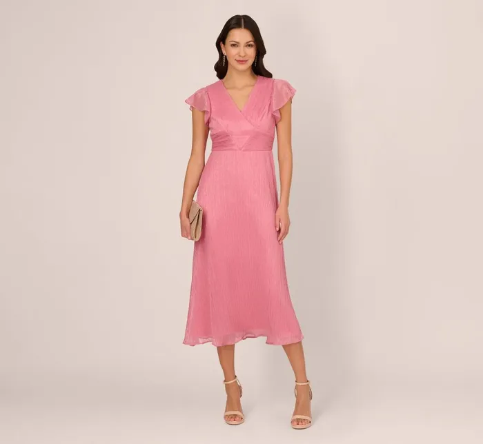 Adrianna Papell Day Dresses Crinkle Mesh Midi Dress With Flutter Sleeves In Faded Rose 8211 Women