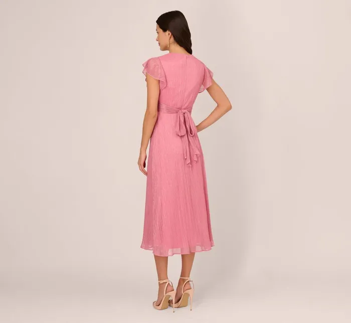 Adrianna Papell Day Dresses Crinkle Mesh Midi Dress With Flutter Sleeves In Faded Rose 8211 Women