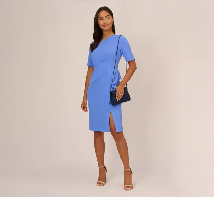 Adrianna Papell Day Dresses Draped Ruffle Crepe Dress With Short Sleeves In Precious Peri 8211 Women