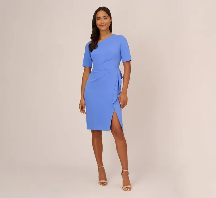 Adrianna Papell Day Dresses Draped Ruffle Crepe Dress With Short Sleeves In Precious Peri 8211 Women