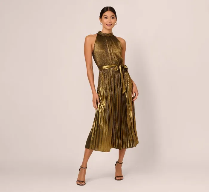 Adrianna Papell Day Dresses Halter Pleated Metallic Dress In Gold 8211 Women