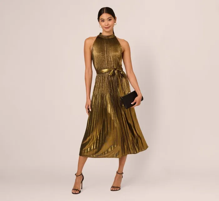 Adrianna Papell Day Dresses Halter Pleated Metallic Dress In Gold 8211 Women