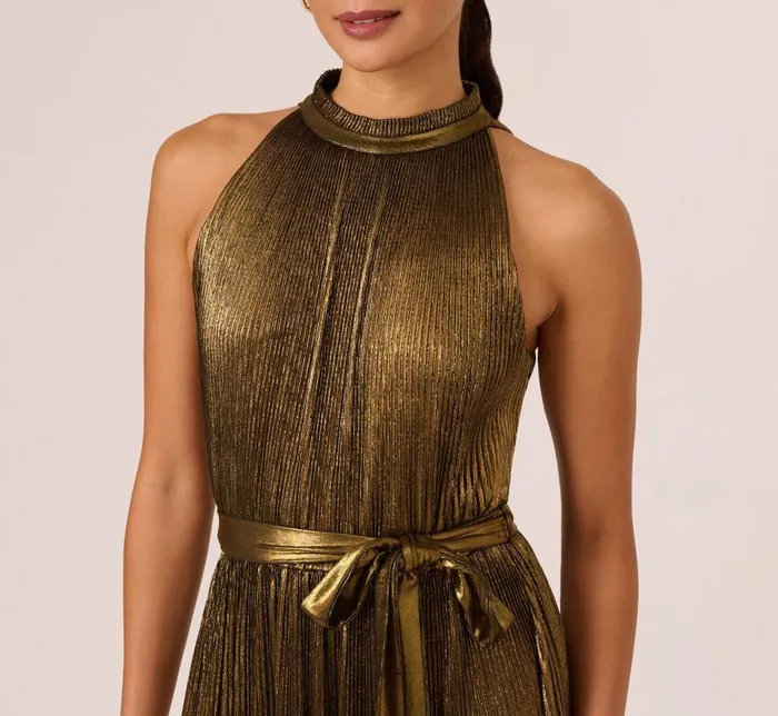 Adrianna Papell Day Dresses Halter Pleated Metallic Dress In Gold 8211 Women