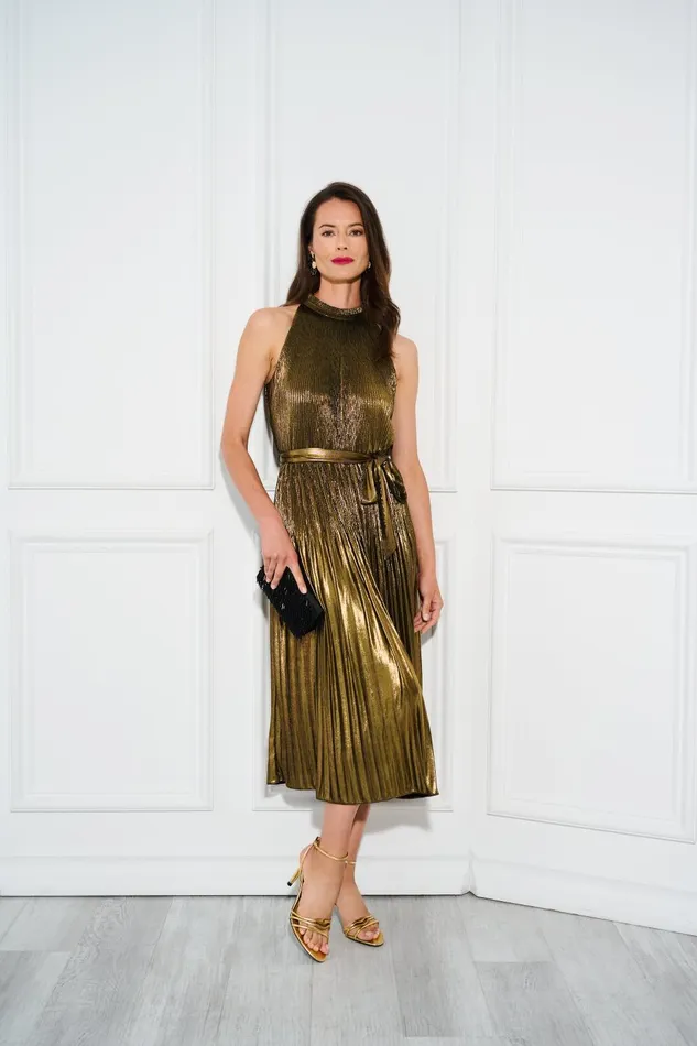 Adrianna Papell Day Dresses Halter Pleated Metallic Dress In Gold 8211 Women