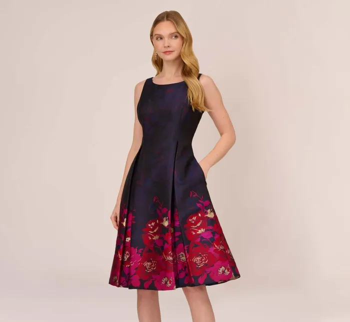 Adrianna Papell Day Dresses Jacquard Midi Dress With Metallic Floral Trim In Navy Pink Multi 8211 Women Adrianna Papell Day Dresses Jacquard Midi Dress With Metallic Floral Trim In Navy Pink Multi 8211 Women