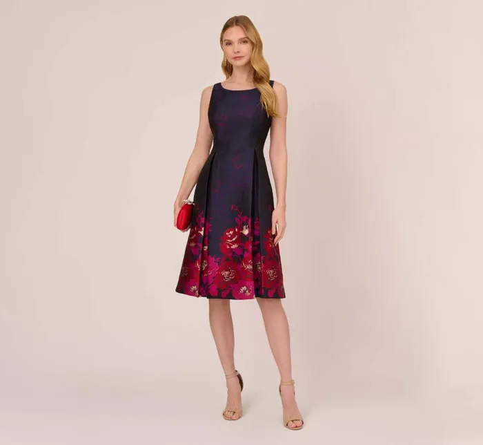 Adrianna Papell Day Dresses Jacquard Midi Dress With Metallic Floral Trim In Navy Pink Multi 8211 Women