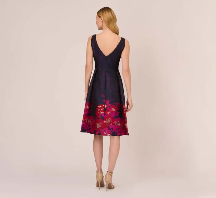 Adrianna Papell Day Dresses Jacquard Midi Dress With Metallic Floral Trim In Navy Pink Multi 8211 Women