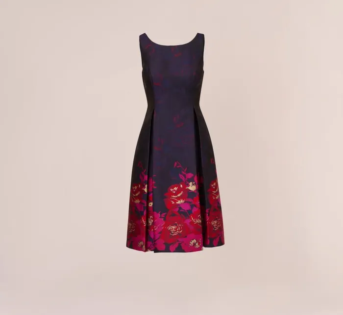 Adrianna Papell Day Dresses Jacquard Midi Dress With Metallic Floral Trim In Navy Pink Multi 8211 Women