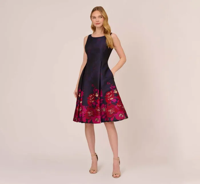 Adrianna Papell Day Dresses Jacquard Midi Dress With Metallic Floral Trim In Navy Pink Multi 8211 Women
