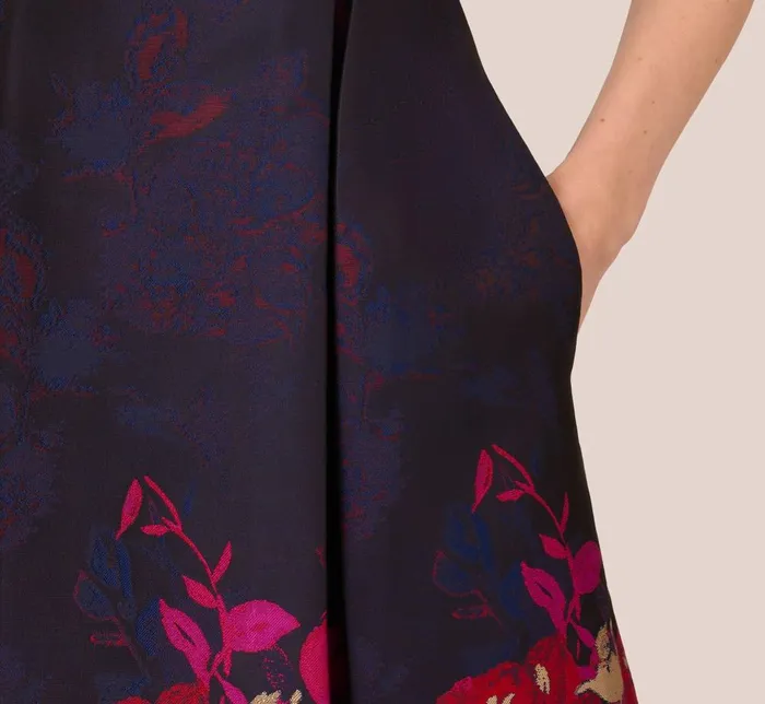 Adrianna Papell Day Dresses Jacquard Midi Dress With Metallic Floral Trim In Navy Pink Multi 8211 Women