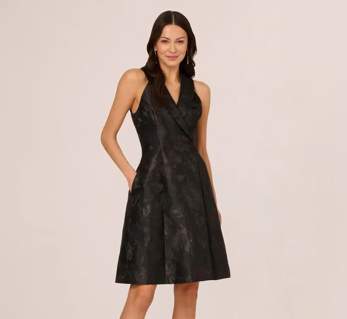 Adrianna Papell Day Dresses Jacquard Tuxedo Midi Dress With Surplice Neckline In Black 8211 Women