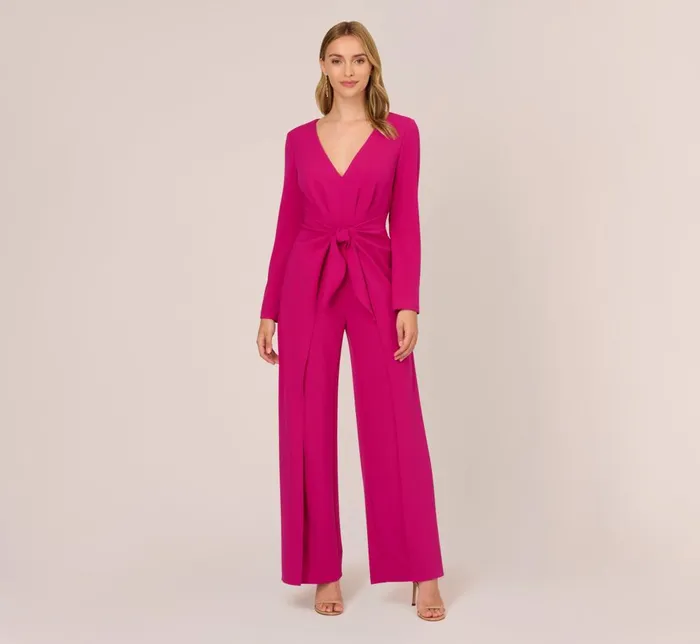 Adrianna Papell Day Dresses Long Sleeve Crepe Jumpsuit With Tie Front In Hot Orchid 8211 Women