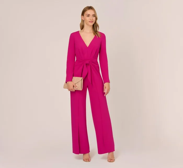 Adrianna Papell Day Dresses Long Sleeve Crepe Jumpsuit With Tie Front In Hot Orchid 8211 Women