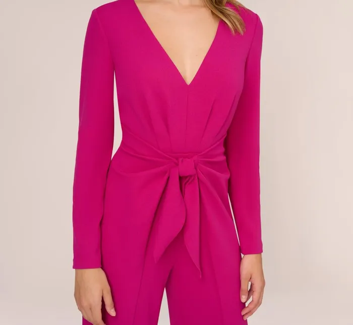 Adrianna Papell Day Dresses Long Sleeve Crepe Jumpsuit With Tie Front In Hot Orchid 8211 Women