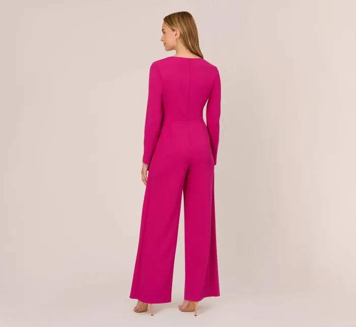 Adrianna Papell Day Dresses Long Sleeve Crepe Jumpsuit With Tie Front In Hot Orchid 8211 Women