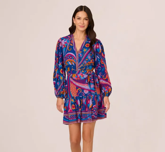 Adrianna Papell Day Dresses Long Sleeve Retro Printed A Line Dress In Blue Multi 8211 Women