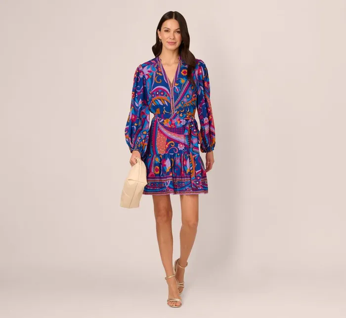 Adrianna Papell Day Dresses Long Sleeve Retro Printed A Line Dress In Blue Multi 8211 Women